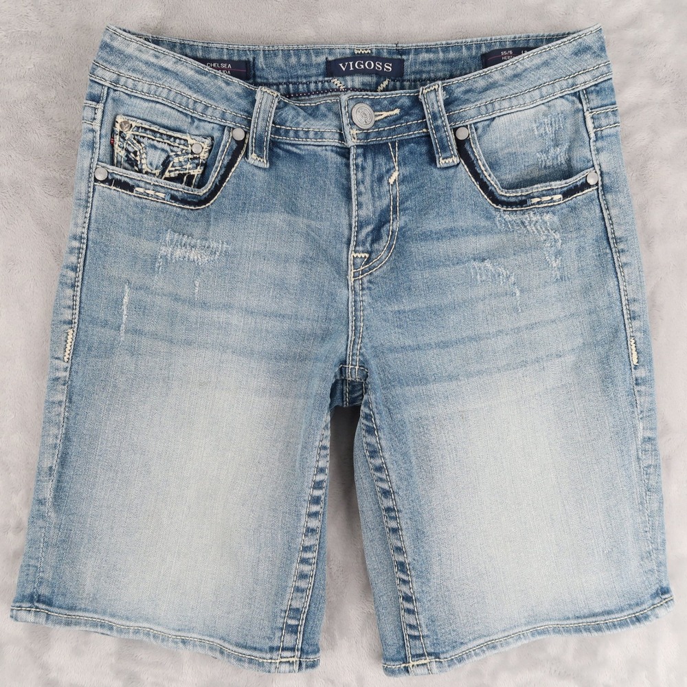 Vigoss Shorts Women 5/6 Fits 28x9.5 Blue Chelsea Bermuda Heritage Fit Distressed